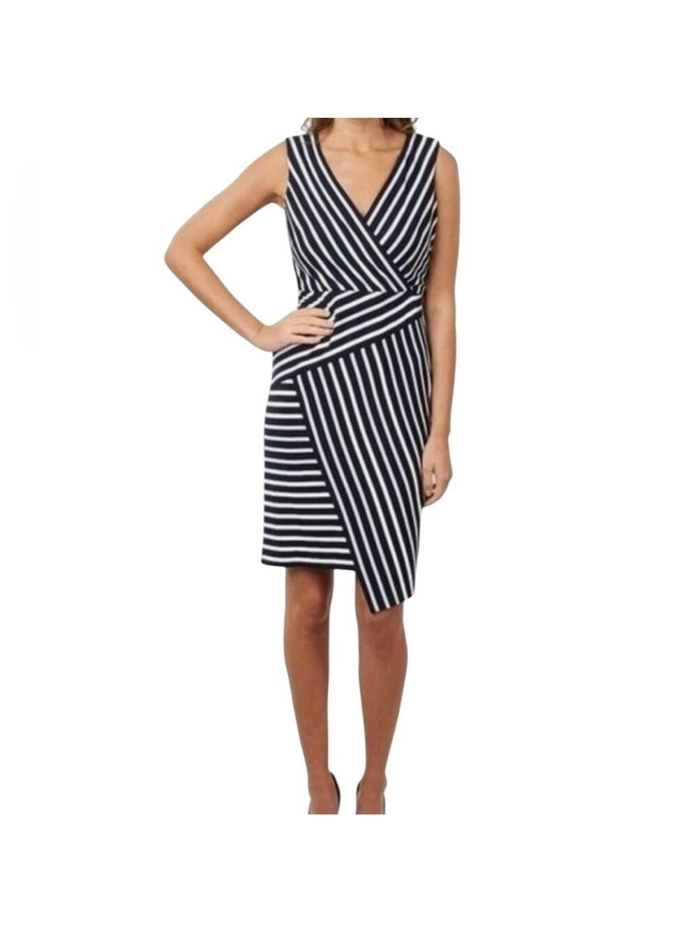 Joseph Ribkoff Size 10 Striped Sleeveless Mock Wrap Dress Blue White V Neck